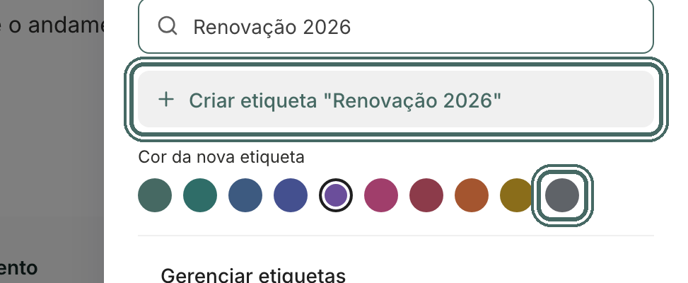 Digite um nome novo: aparece Criar etiqueta e a paleta Cor da nova etiqueta.