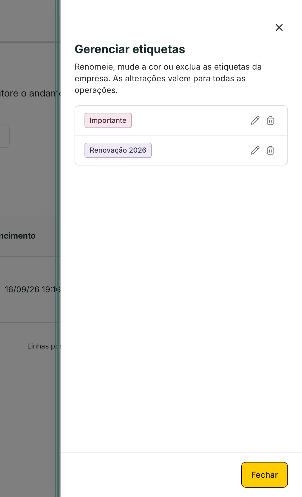 Em Gerenciar etiquetas você renomeia, troca a cor ou exclui uma etiqueta da empresa inteira.