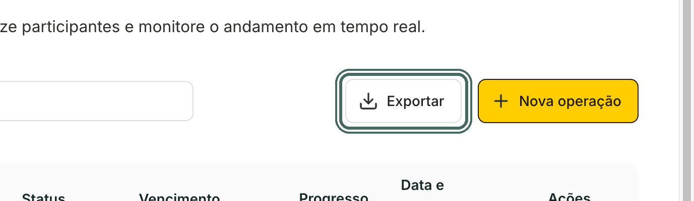Em Minhas operações, o botão Exportar fica ao lado de Nova operação.