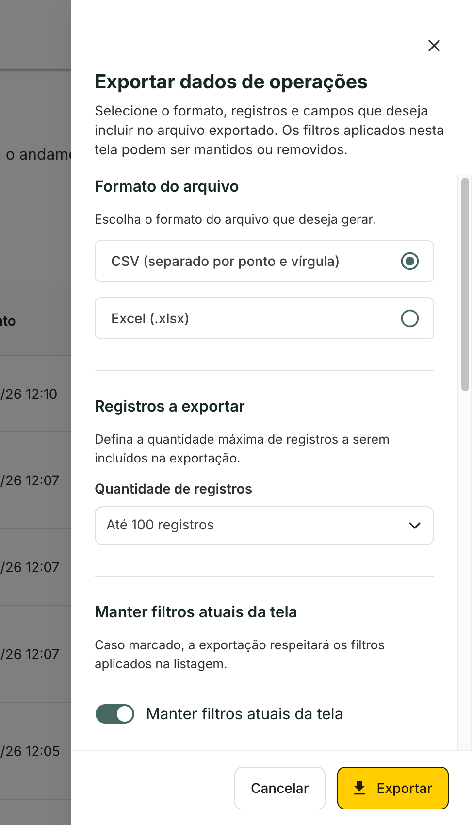 O painel Exportar dados de operações começa pelo formato e pela quantidade.