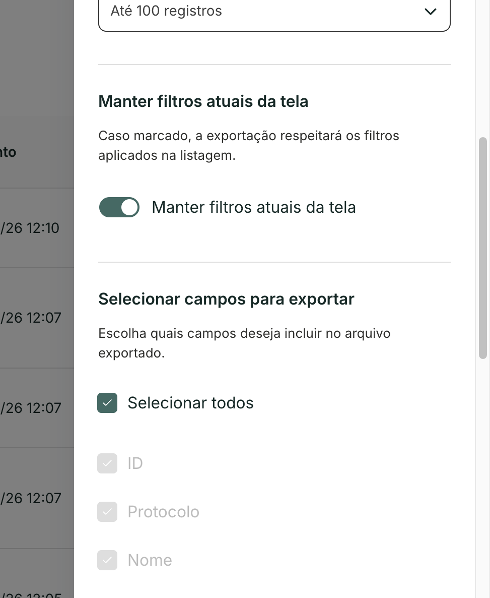 Mantenha os filtros da tela se quiser e marque os campos que vão para o arquivo.