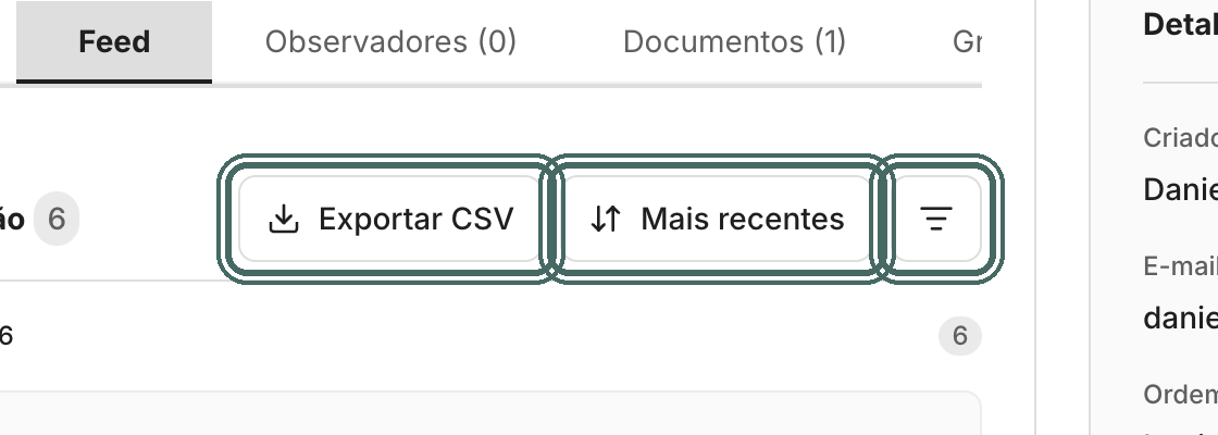Acima dos cards ficam Exportar CSV, a ordenação e o filtro por autor.