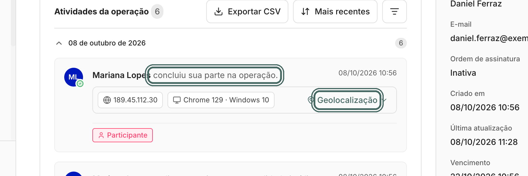 Um card diz quem fez o quê e quando, com chips de IP, dispositivo e localização.