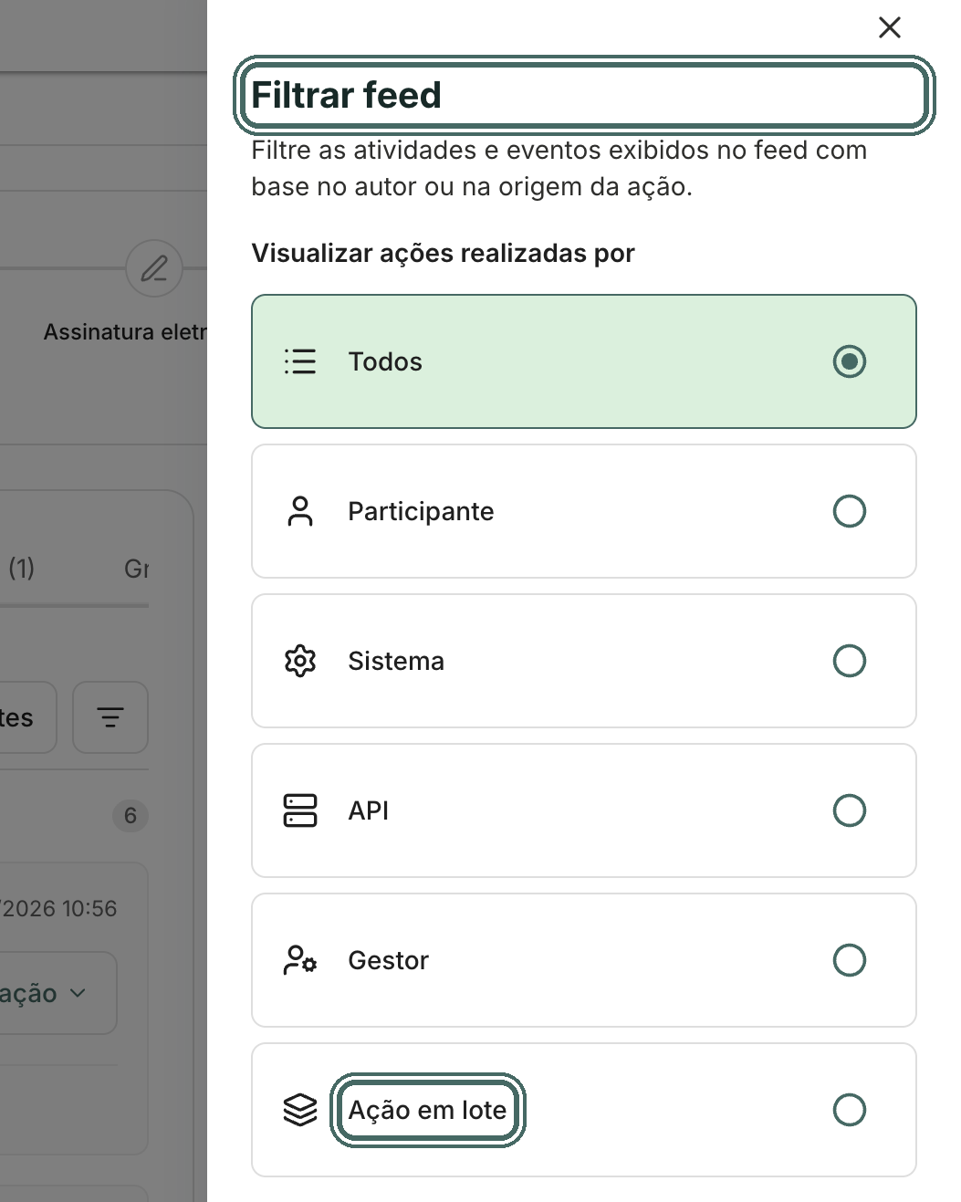 O filtro mostra só as ações de um tipo de autor.
