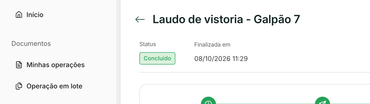 Depois de finalizar, o status muda para Concluído e o documento final fica disponível.