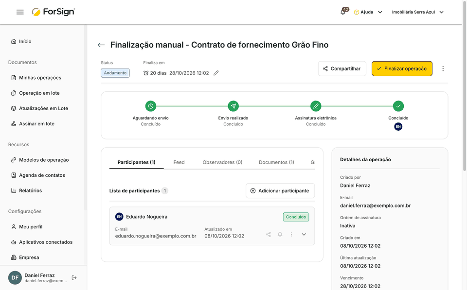 Do botão Finalizar operação até a operação concluída