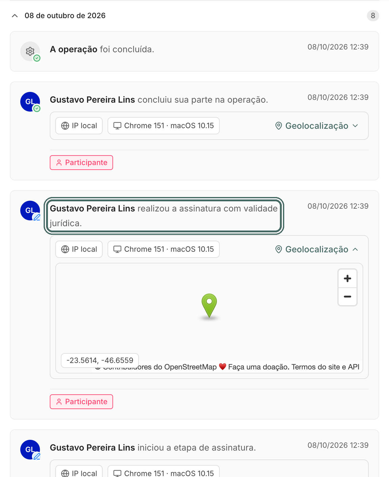No feed, o evento de assinatura traz a latitude e a longitude registradas.