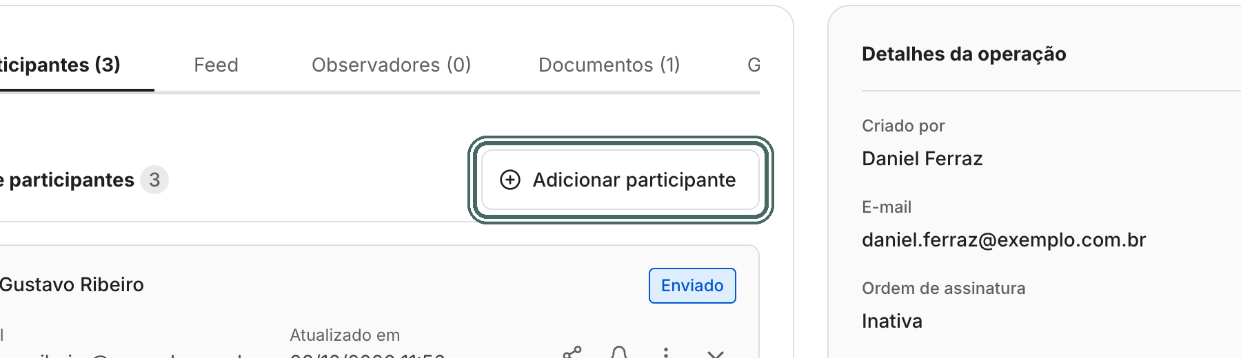 Na aba Participantes, o botão Adicionar participante fica acima da lista.