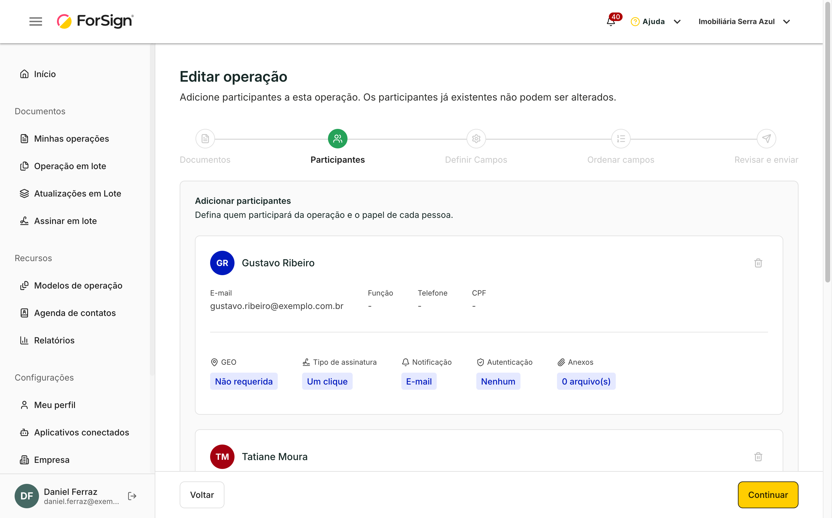 A tela Editar operação abre na etapa Participantes.