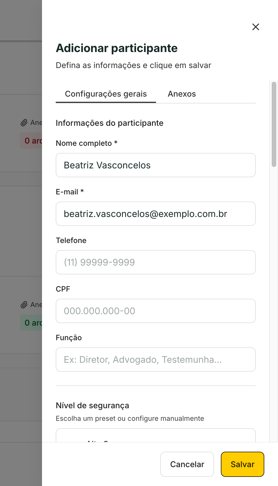 Em Adicionar participante, preencha os dados e as opções de assinatura.