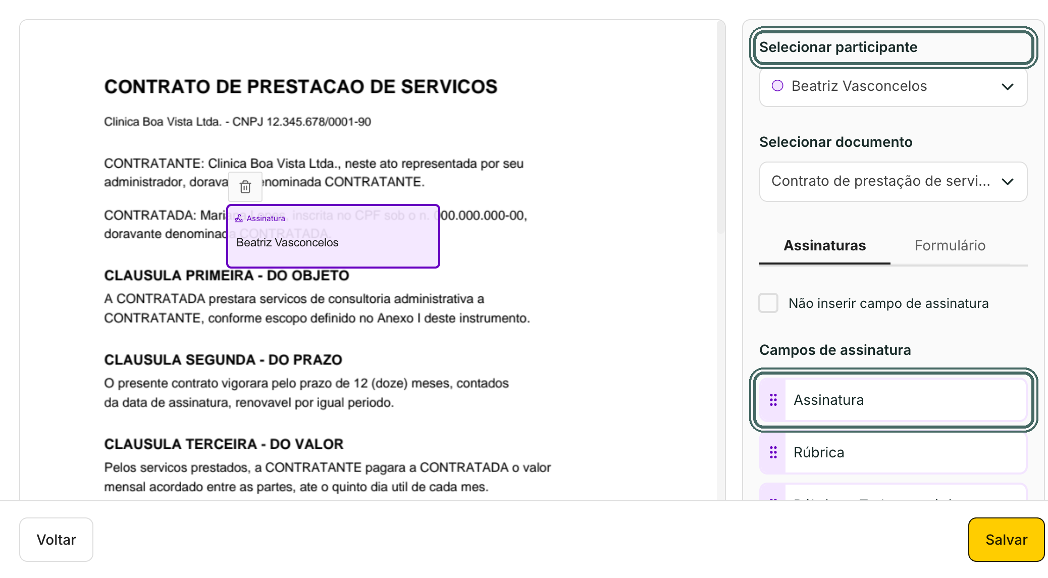Em Definir Campos, arraste o campo Assinatura do participante novo para o documento.