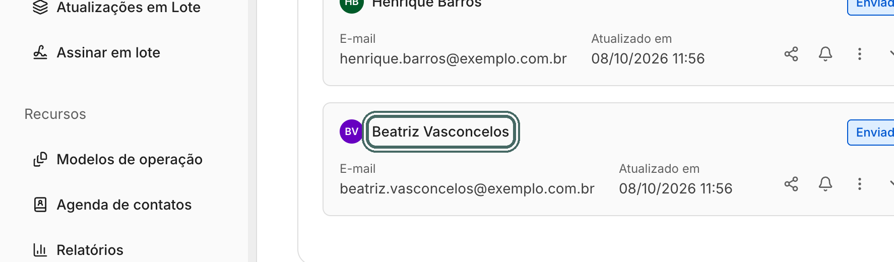 De volta à tela da operação, o participante novo aparece na lista.