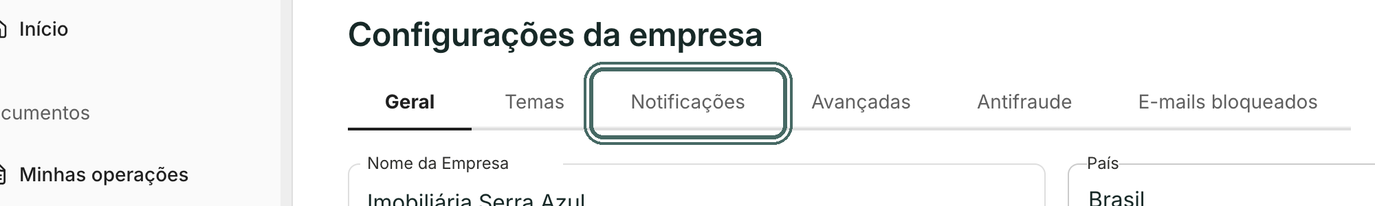 Em Configurações da empresa, abra a aba Notificações.