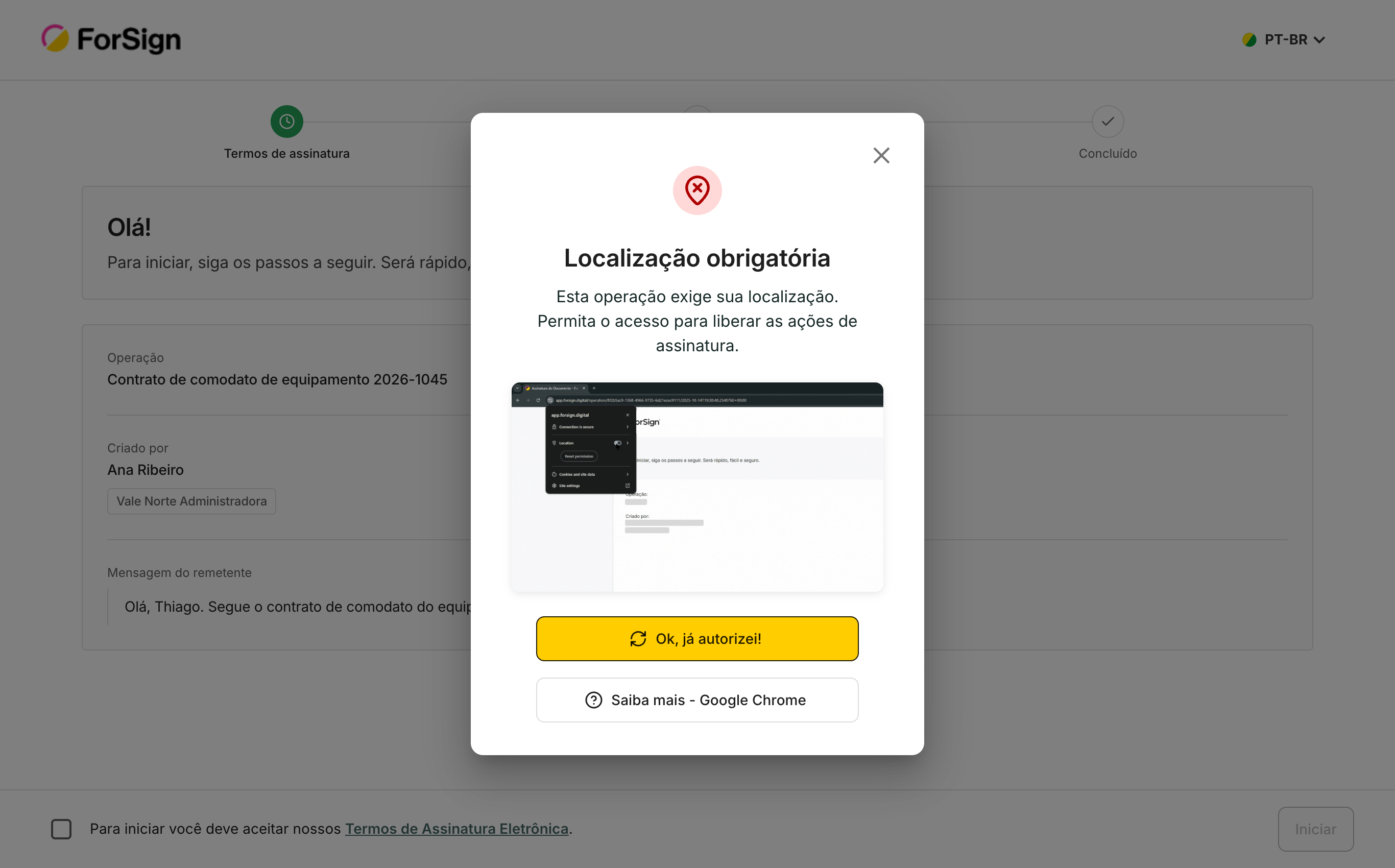 Se a operação exige localização e o navegador não liberou, esta janela bloqueia as ações de assinatura.