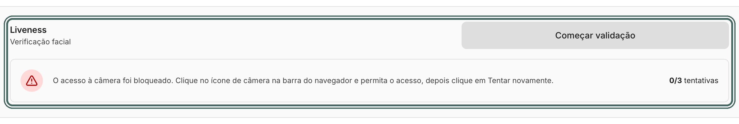 Com a câmera bloqueada, a tela explica como liberar. O bloqueio da câmera não conta como tentativa.