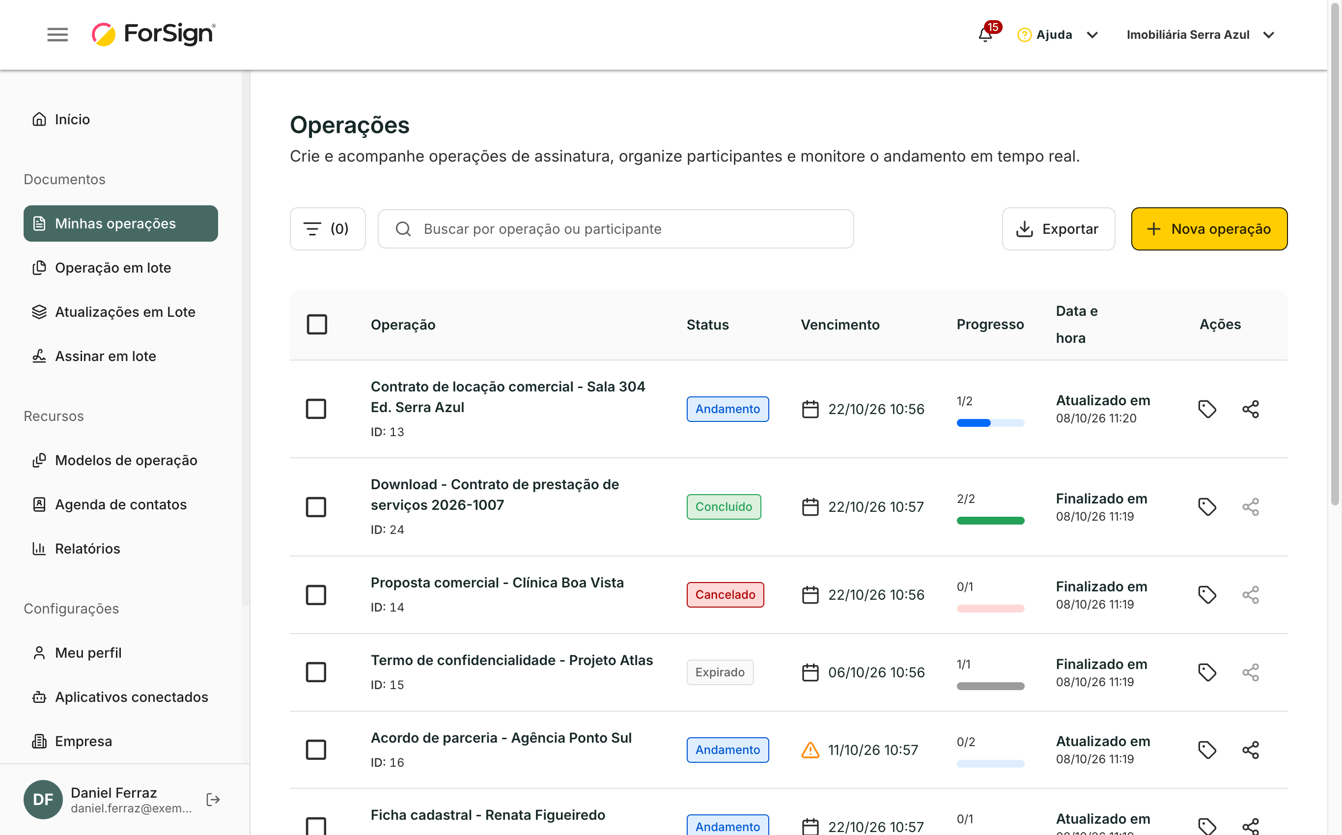 A tela Operações mostra uma linha por operação, com status, vencimento, progresso e data.
