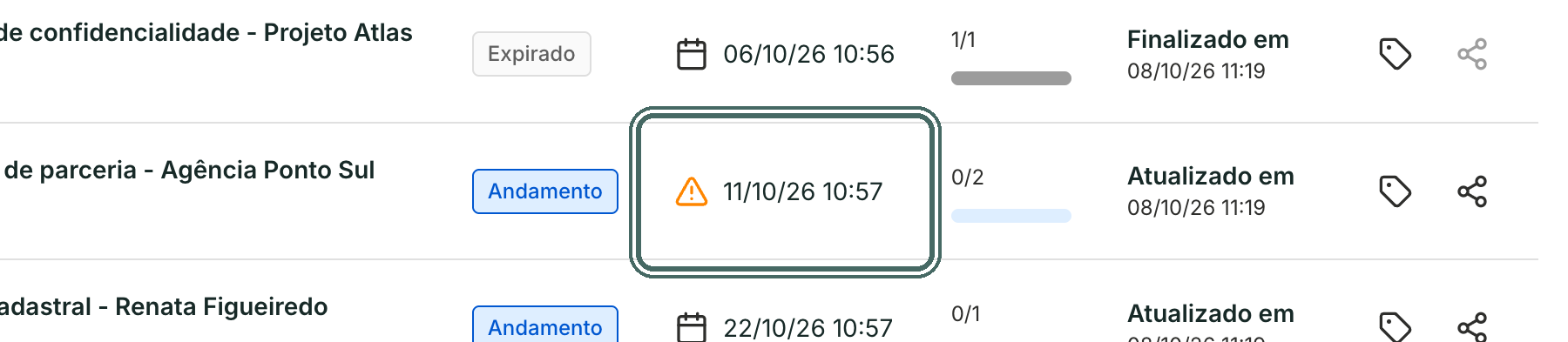 O ícone de alerta em Vencimento avisa que o prazo está perto.