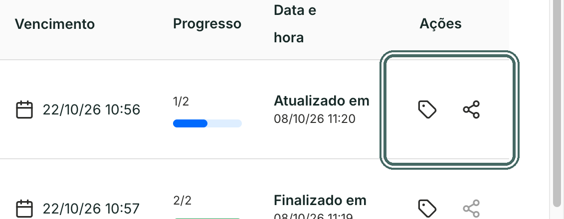 Em Ações ficam os ícones Editar etiquetas e Compartilhar operação.