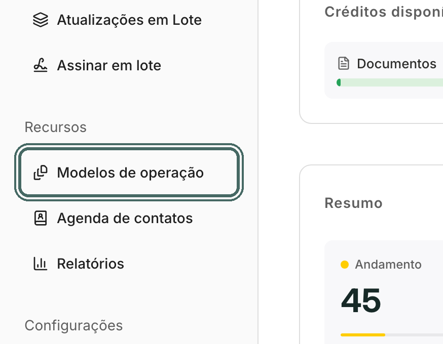 Modelos de operação fica no bloco Recursos do menu lateral.