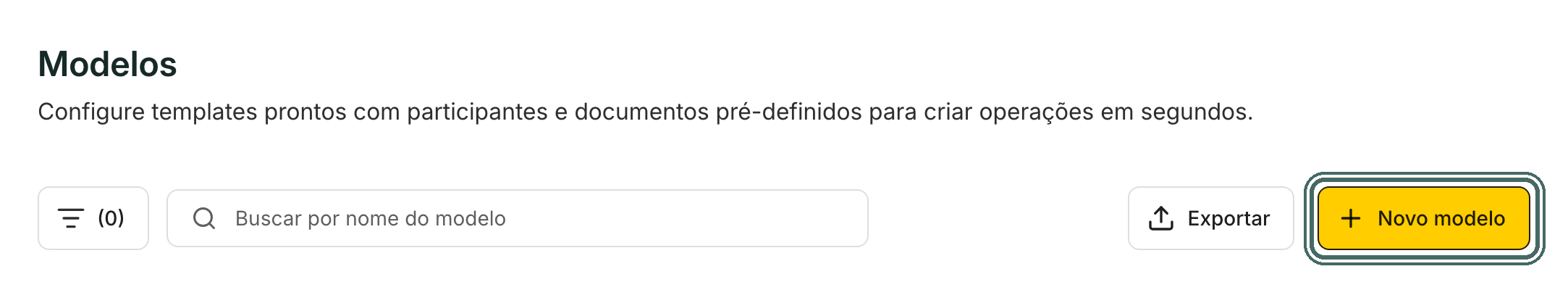A tela Modelos lista os templates da empresa. O botão + Novo modelo abre o assistente.