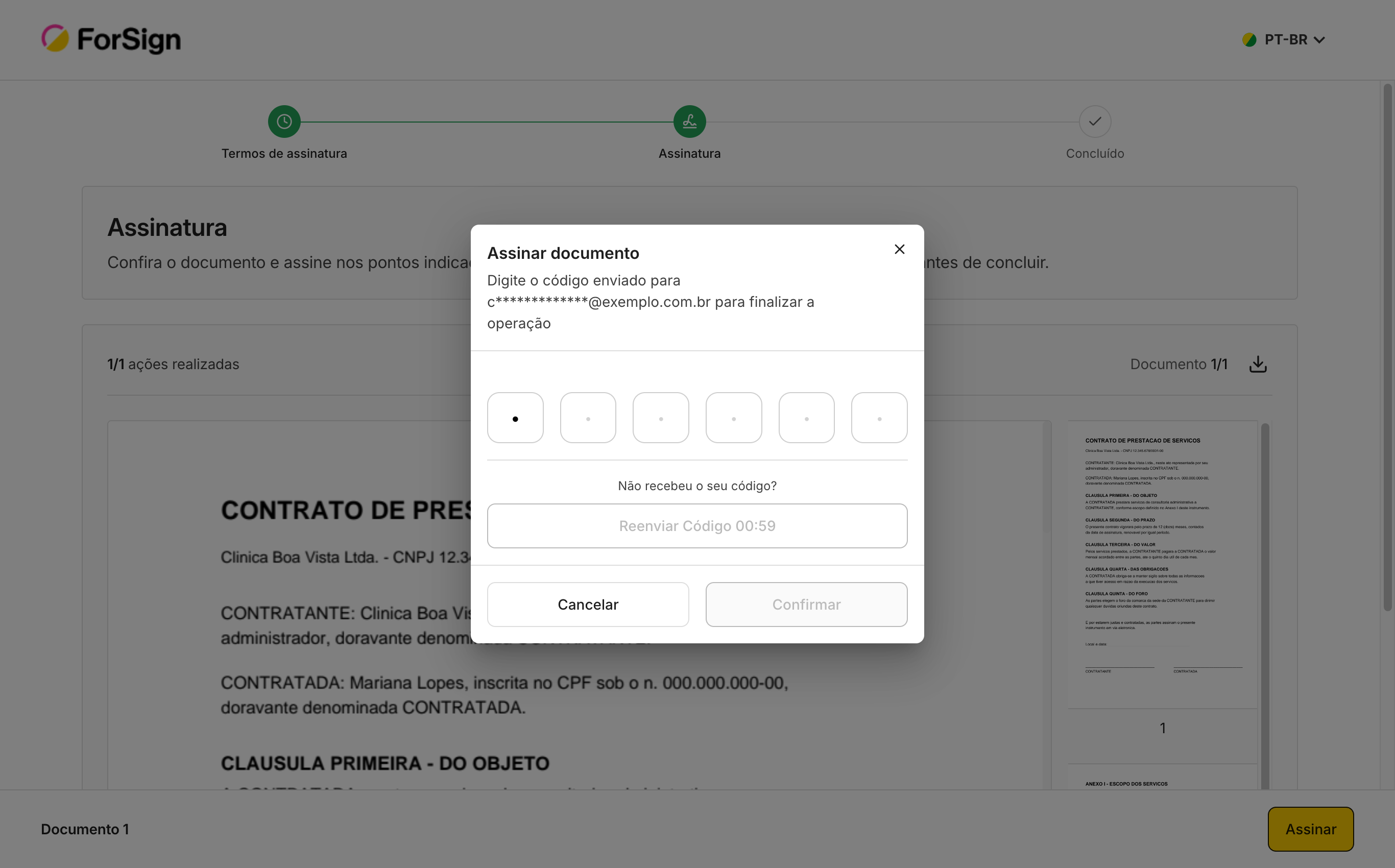 A janela mostra para onde o código foi enviado, com parte do endereço oculta, e quanto tempo falta para pedir outro.