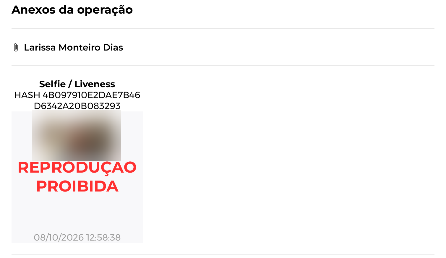 A foto da verificação aparece nos anexos do dossiê, com o hash e a marca de reprodução proibida. Aqui a foto foi desfocada.