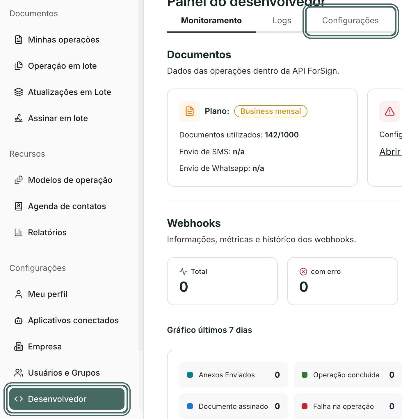 O menu Desenvolvedor abre o Painel do desenvolvedor, com as abas Monitoramento, Logs e Configurações.