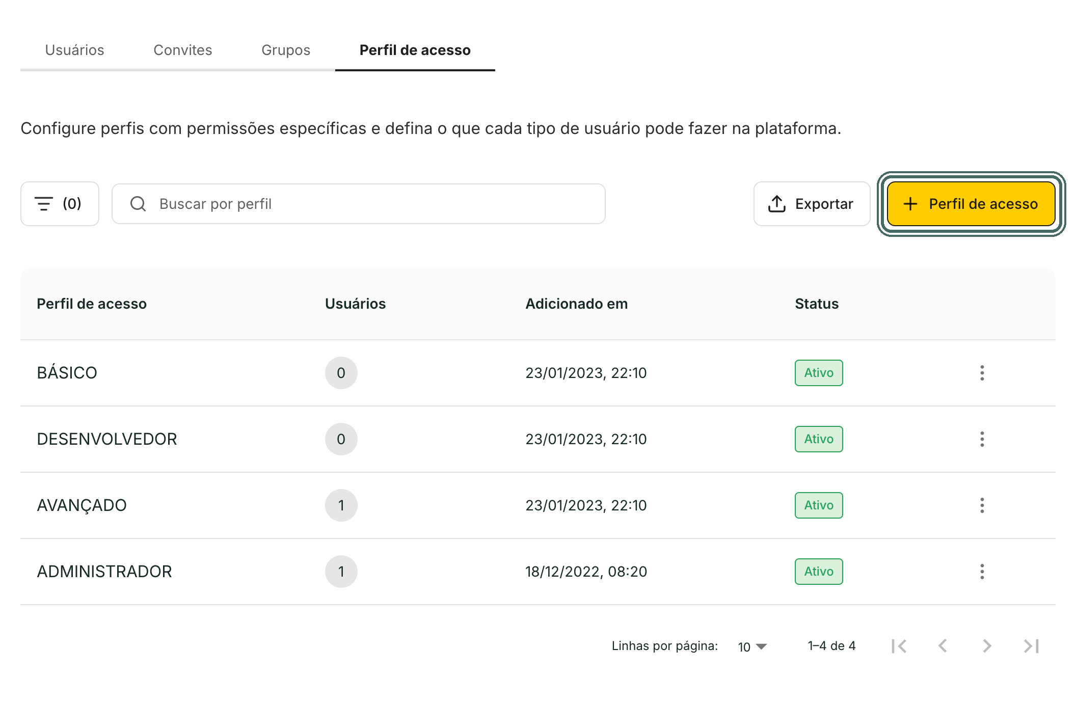 A aba Perfil de acesso lista os perfis padrão e os criados pela empresa.