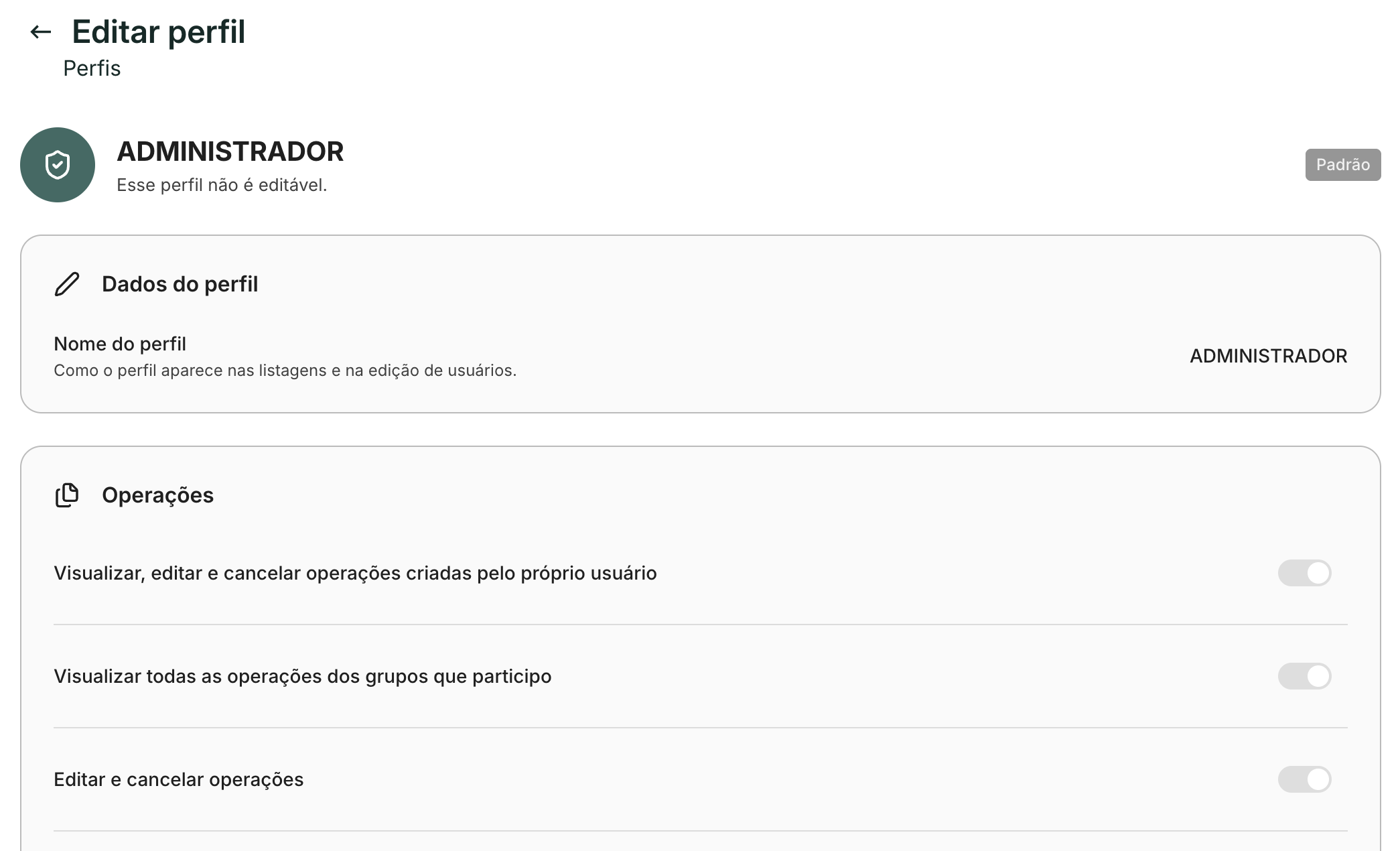 Perfil padrão abre só para leitura, com a marca Padrão.