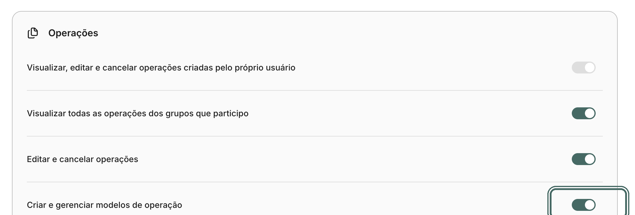 Cada chave liga ou desliga uma permissão.