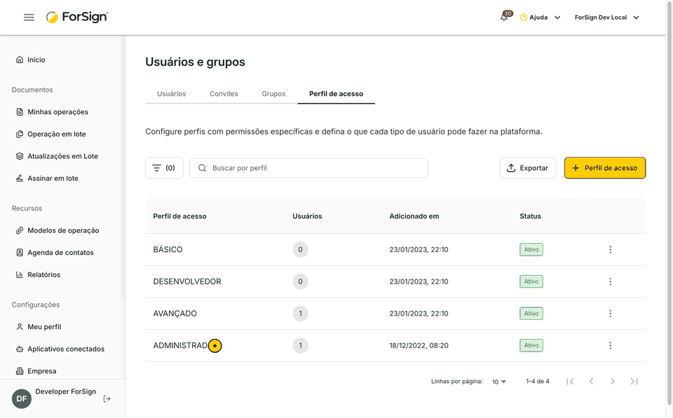 Da lista de perfis até o perfil novo salvo