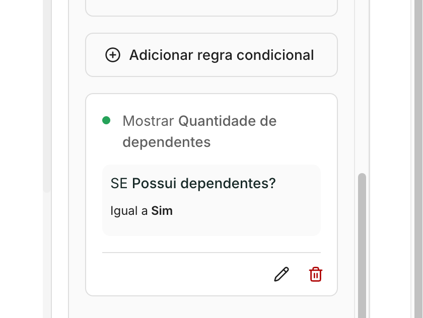 O cartão resume a regra e traz os ícones para editar e excluir.