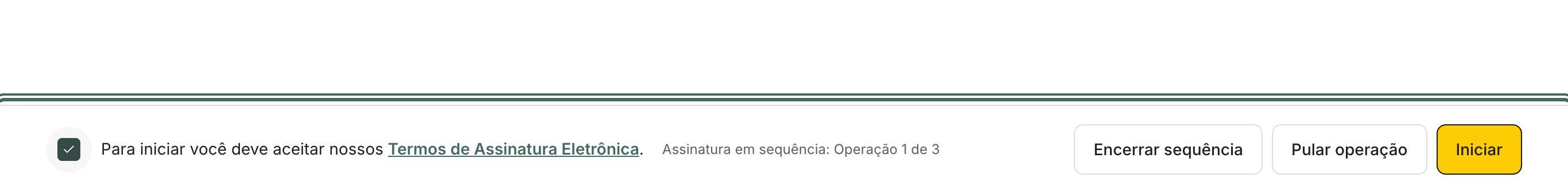 O rodapé mostra a posição na sequência e os botões Encerrar sequência e Pular operação.