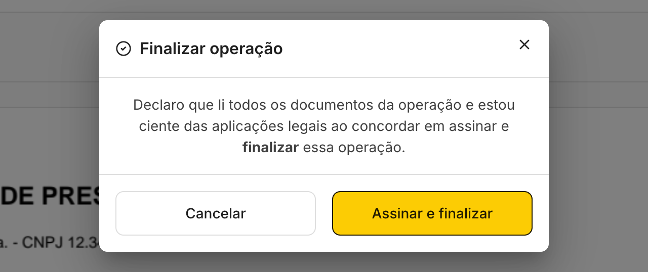 A janela Finalizar operação pede a confirmação antes de assinar.