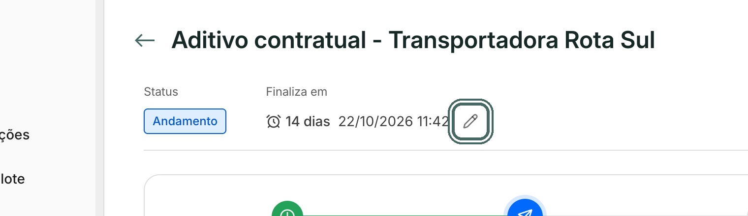 Na tela da operação, Finaliza em mostra quanto falta e a data. O lápis altera o prazo.