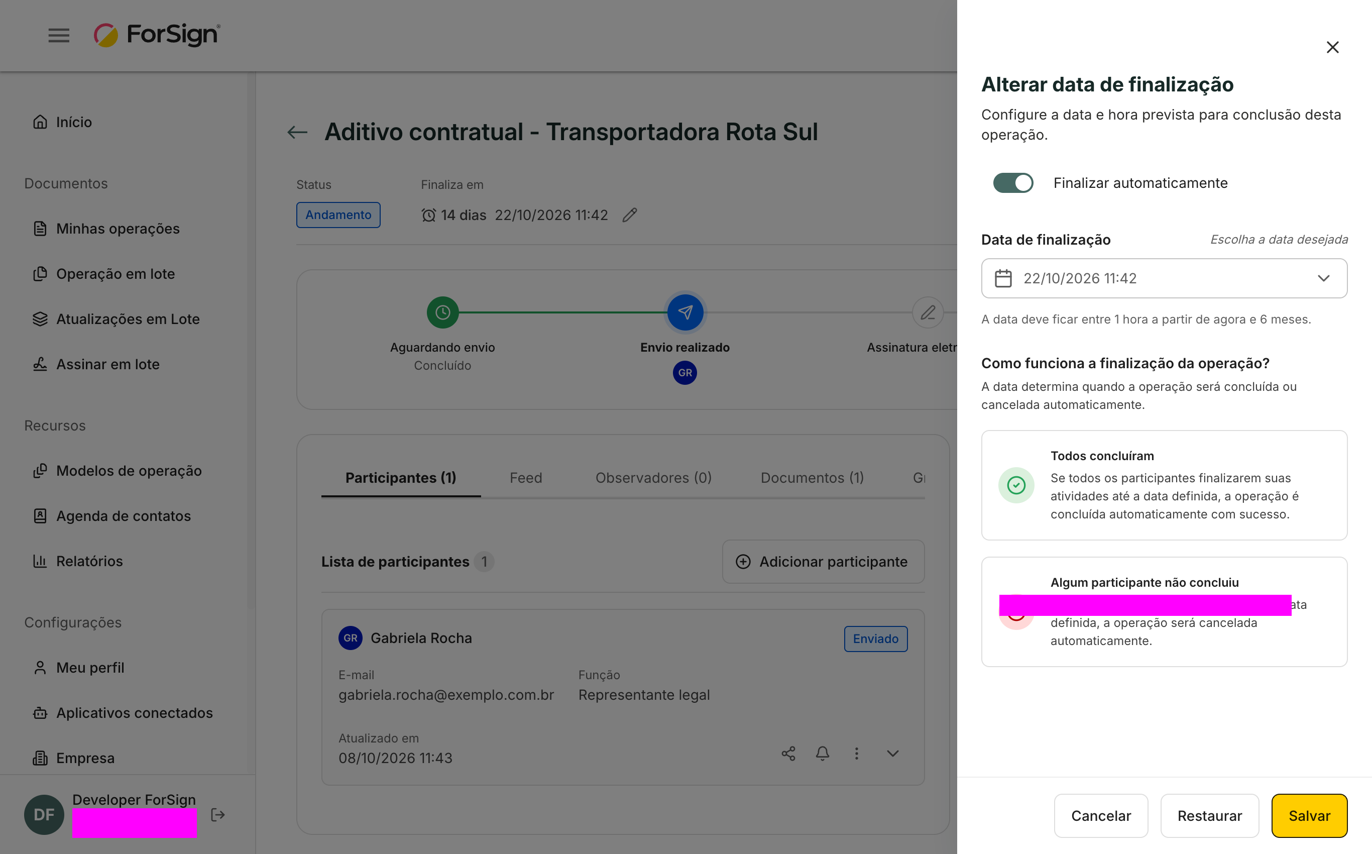 Alterar data de finalização: a nova data fica entre 1 hora a partir de agora e 6 meses.