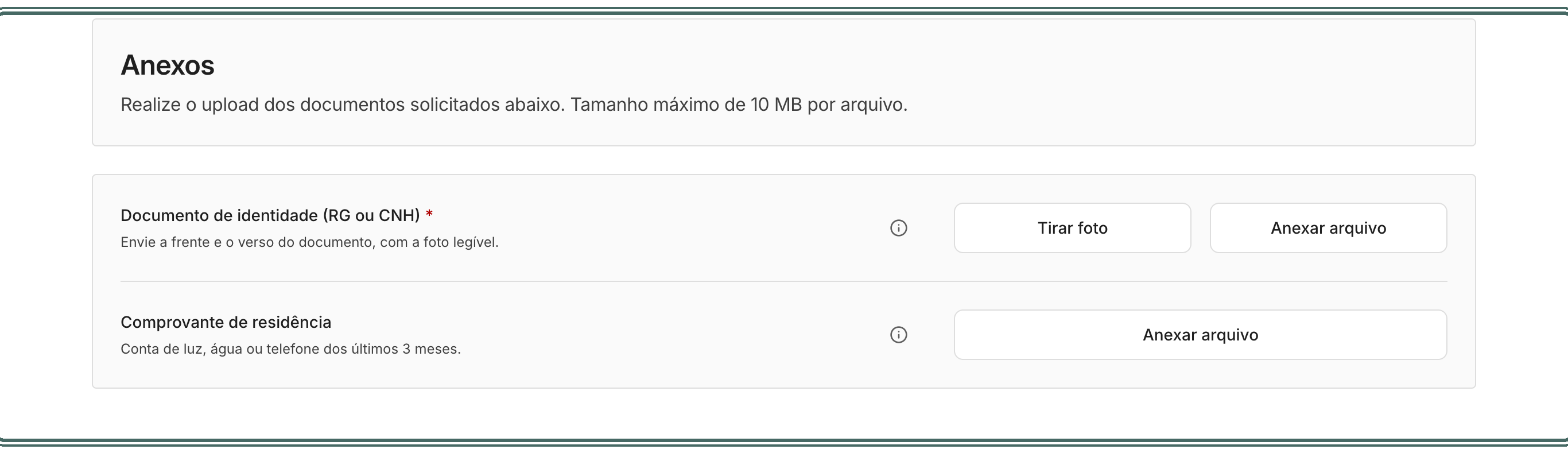 Cada anexo pedido mostra o nome, as instruções e as formas de envio. O asterisco marca o obrigatório.