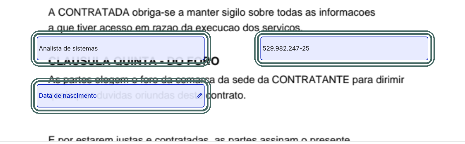 Na etapa de assinatura, as respostas já aparecem nas posições do documento.
