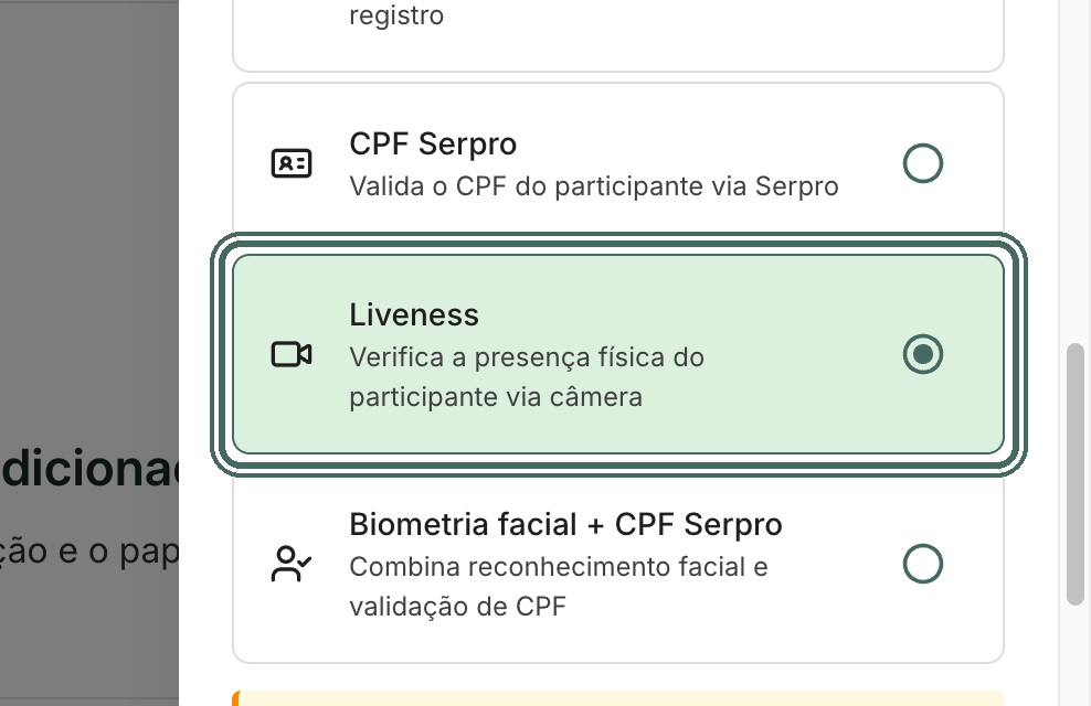 No campo Antifraude do participante, marque Liveness e confirme a troca.