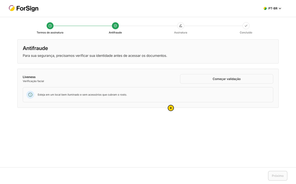 O assinante começa a validação e segue as instruções de movimento na tela.