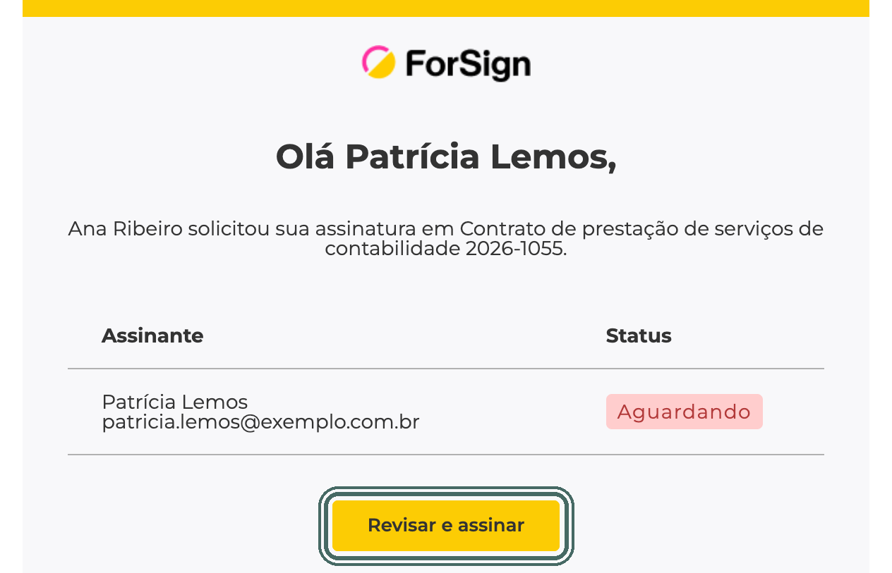 O e-mail diz quem pediu a assinatura, o nome da operação e traz o botão Revisar e assinar.