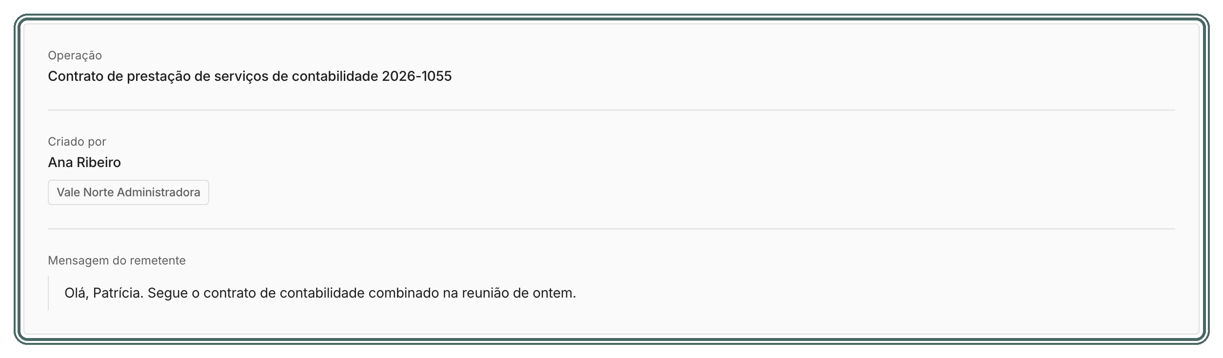 Ao abrir o link, confira o nome da operação, quem enviou, a empresa e a mensagem antes de começar.