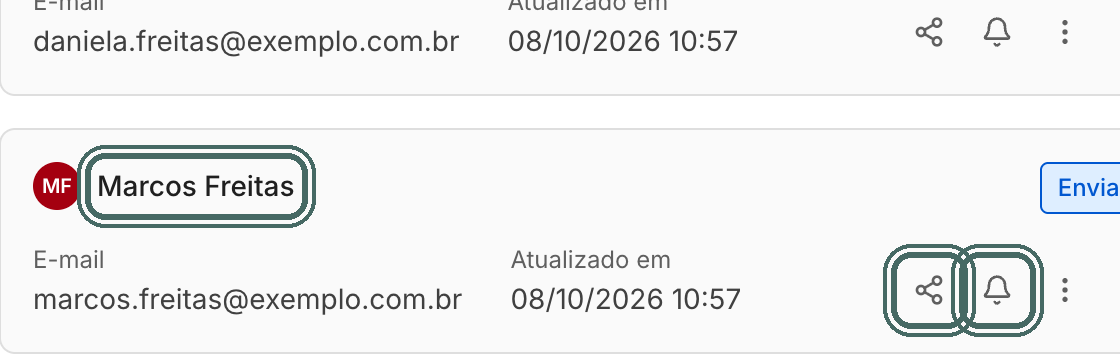 No card do participante, o sino reenvia a notificação e o ícone de compartilhar mostra o link.
