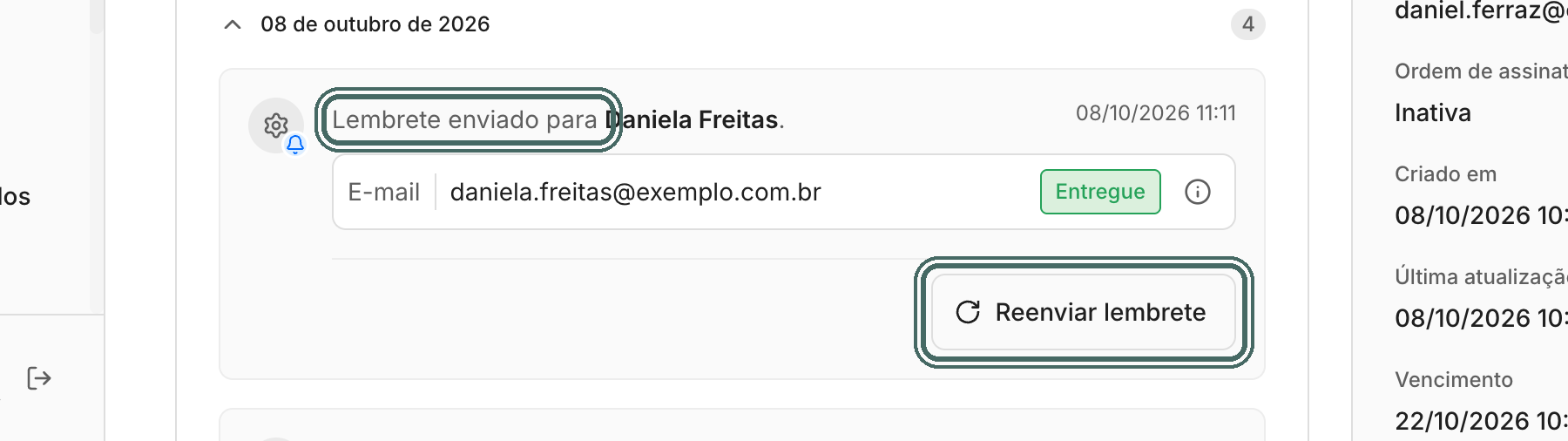 O lembrete enviado pelo sino entra no feed como Lembrete enviado, com o canal e o selo de entrega.