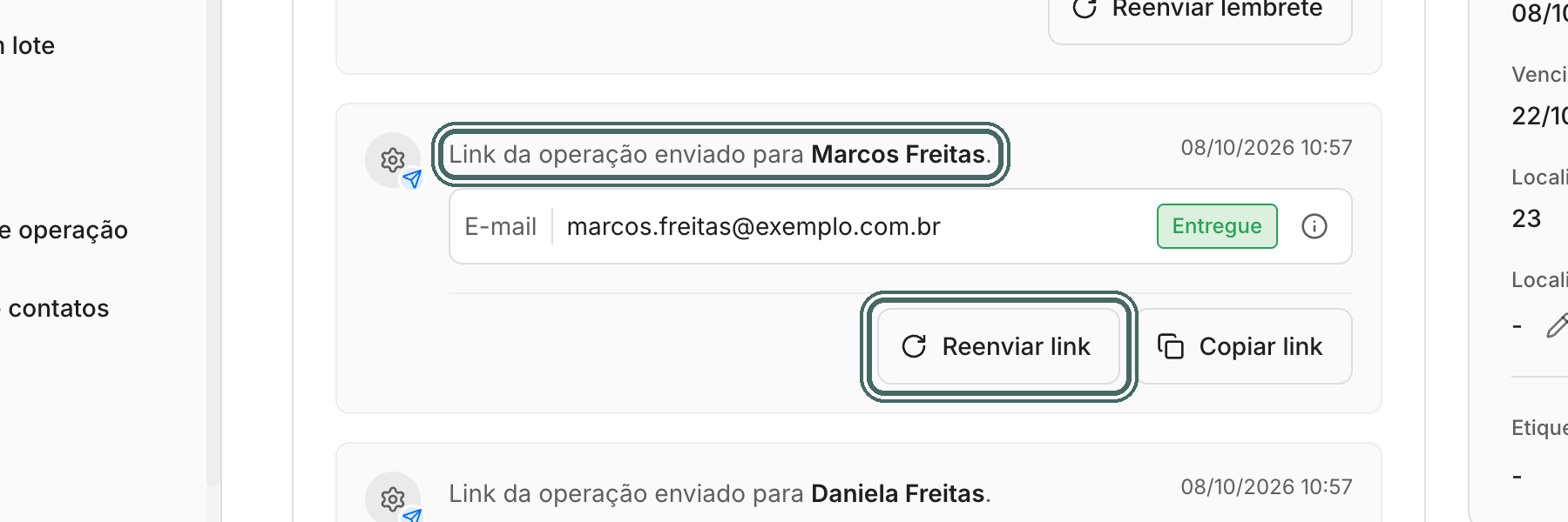 No feed, o card do envio tem Reenviar link e Copiar link.