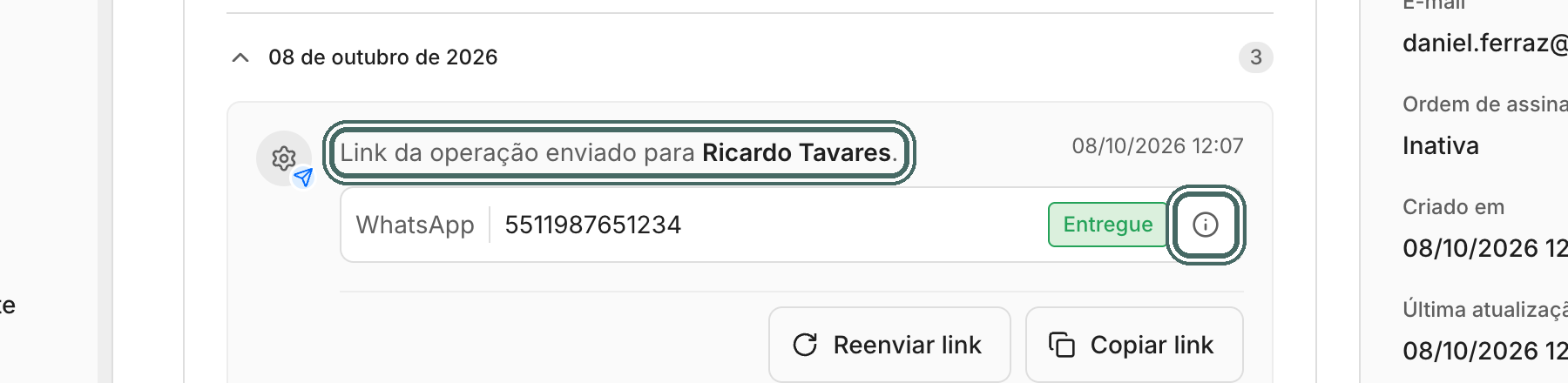 No card de WhatsApp, o destino é o telefone do participante.