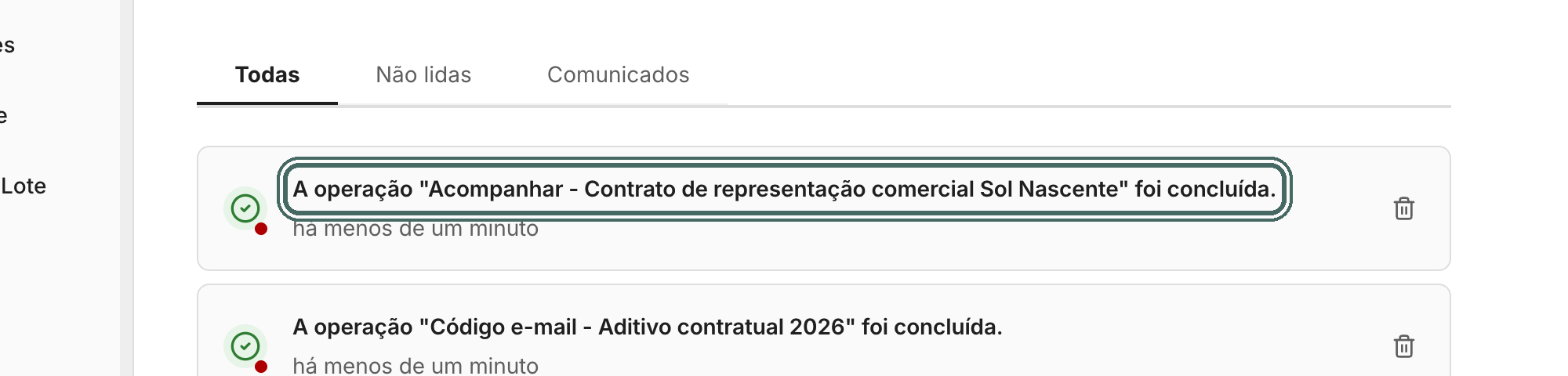 Quando a operação conclui, o aviso chega no sino e na página Notificações.