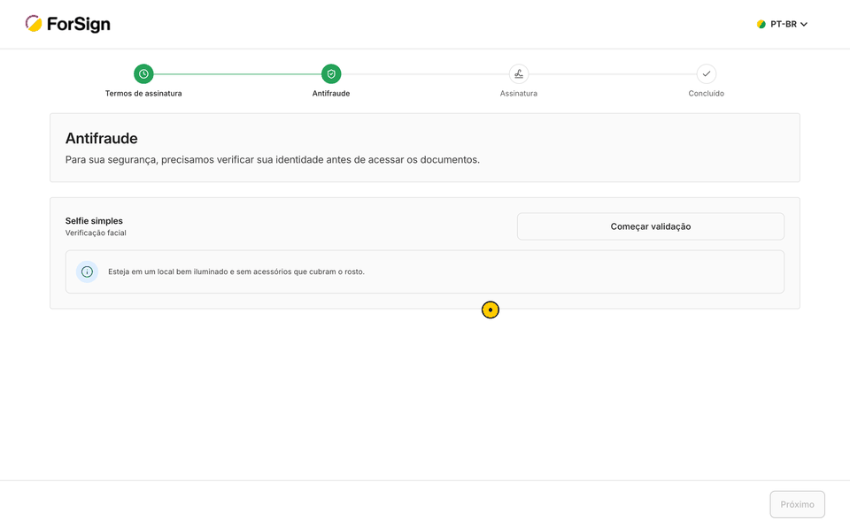 O assinante clica em Começar validação, a câmera captura a selfie e ele segue para o documento.