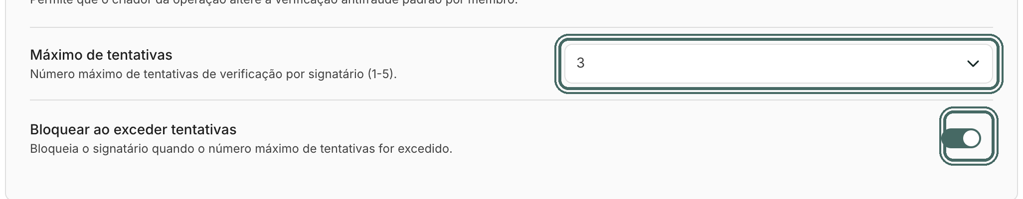 Em Empresa, aba Antifraude, você define o Máximo de tentativas e se o assinante fica bloqueado ao exceder.