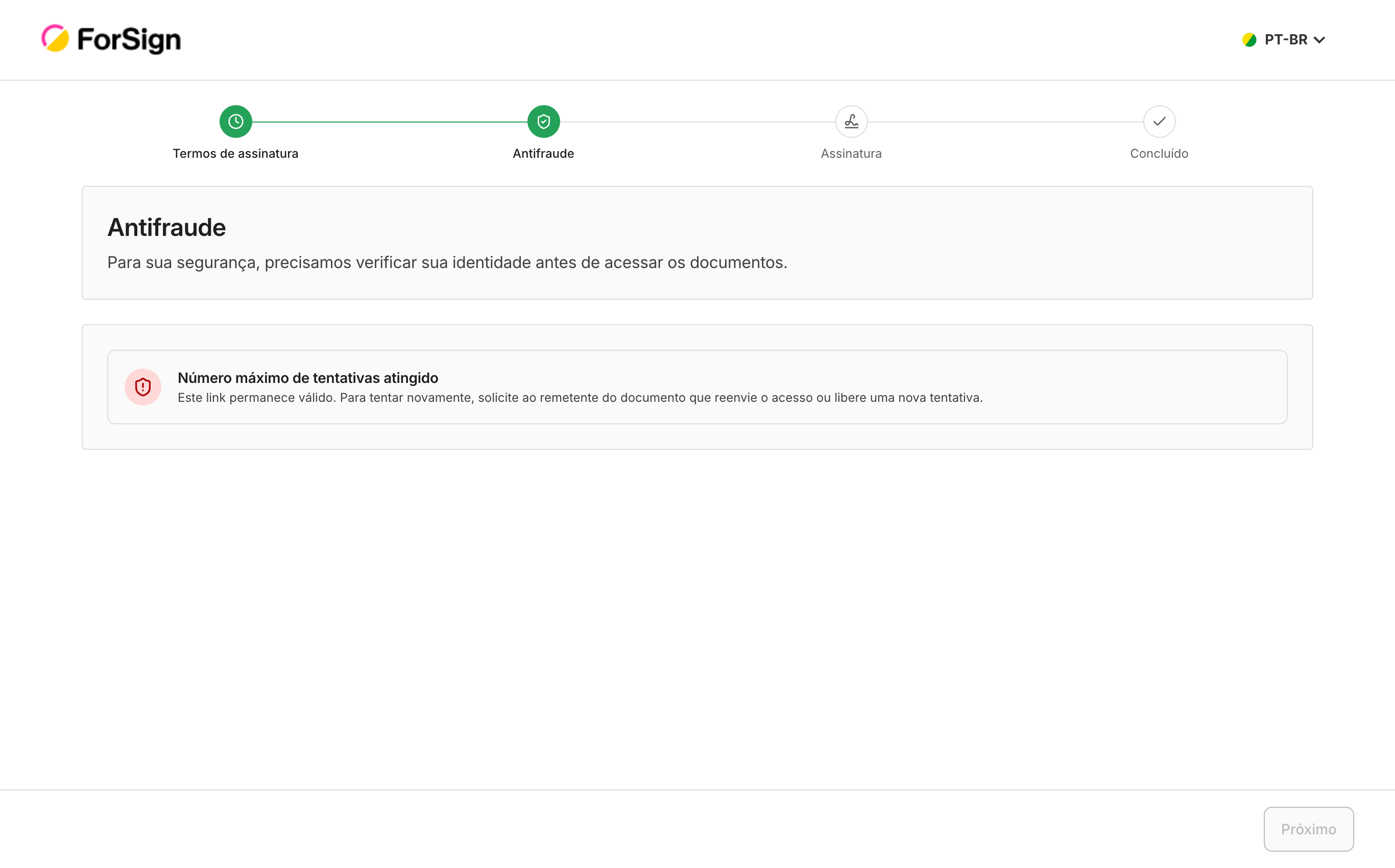 O assinante bloqueado vê o aviso de que atingiu o máximo de tentativas. O link continua valendo.